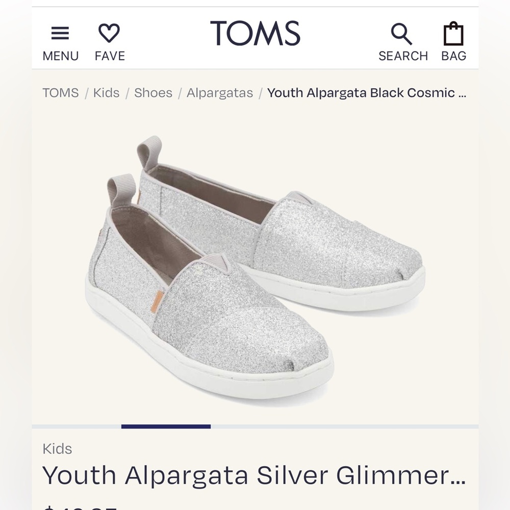 Brand New!! Toms! Glitter girl slip on shoes! 5Y!